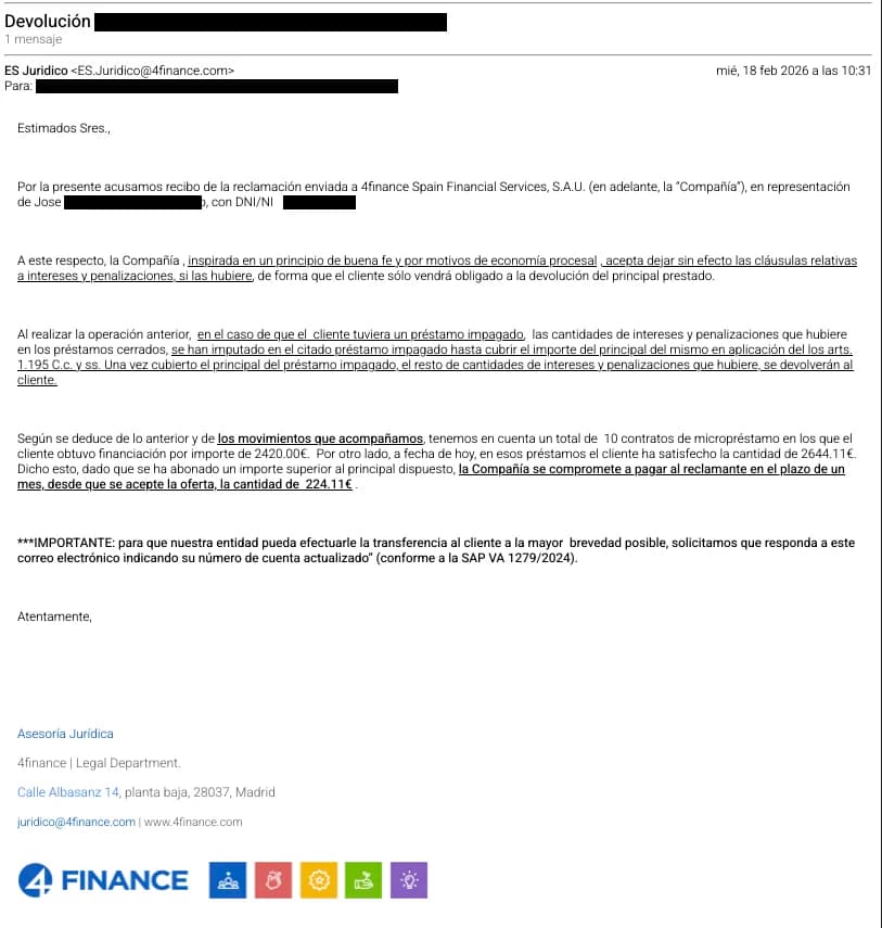 Respuesta de la entidad aceptando dejar sin efecto intereses y devolver 224,11 €