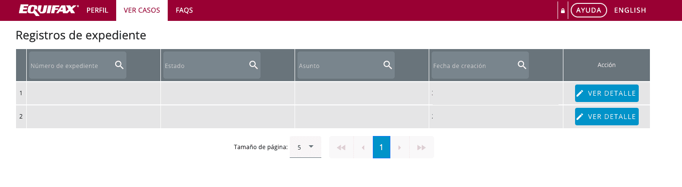 Listado de casos en el portal de Equifax