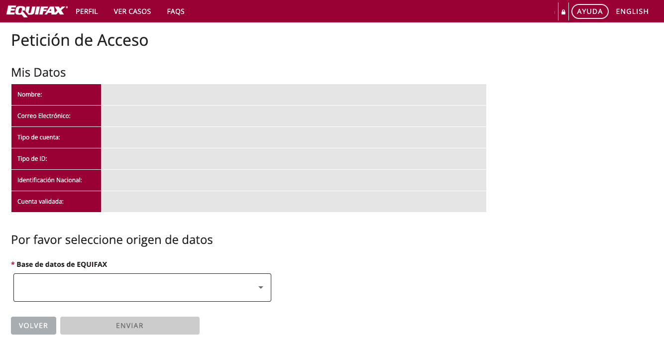 Página principal de solicitud de acceso en Equifax