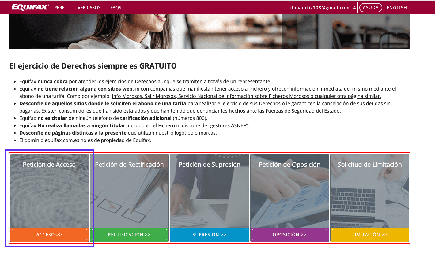 Opción de Petición de acceso en el portal de Equifax