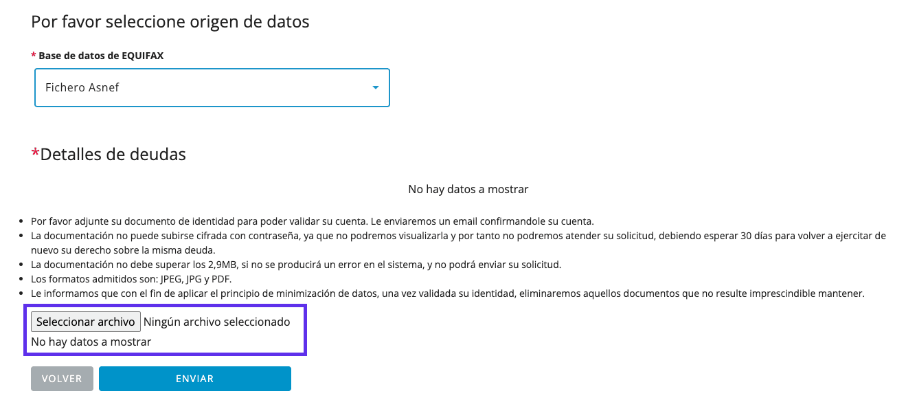 Subida de DNI para acceder a la información de ASNEF