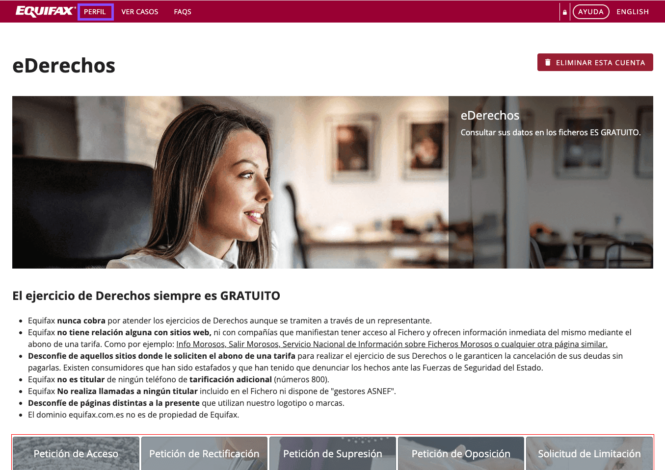 Acceso al perfil en el portal de Equifax