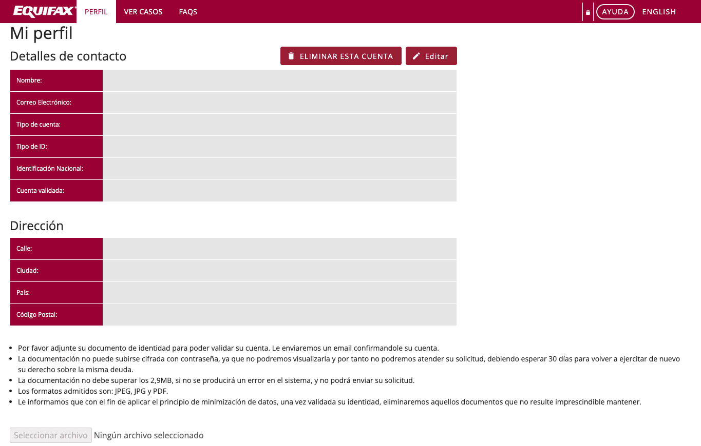 Formulario de datos personales para validación