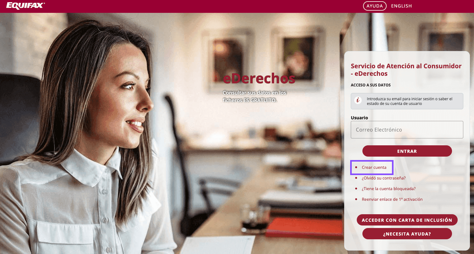 Pantalla de inicio del portal Equifax para crear cuenta