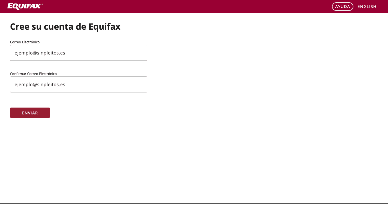 Formulario de correo electrónico en el registro de Equifax