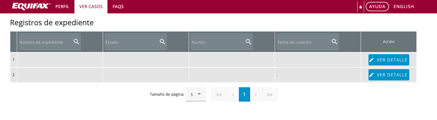 Captura del listado de casos con una solicitud en estado «en progreso» y otra «resuelto».
