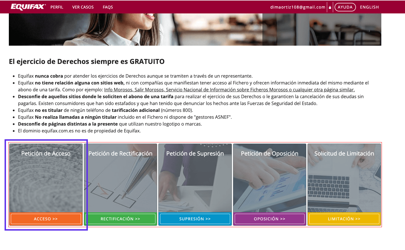 Captura del portal con la opción «Petición de acceso» señalada.